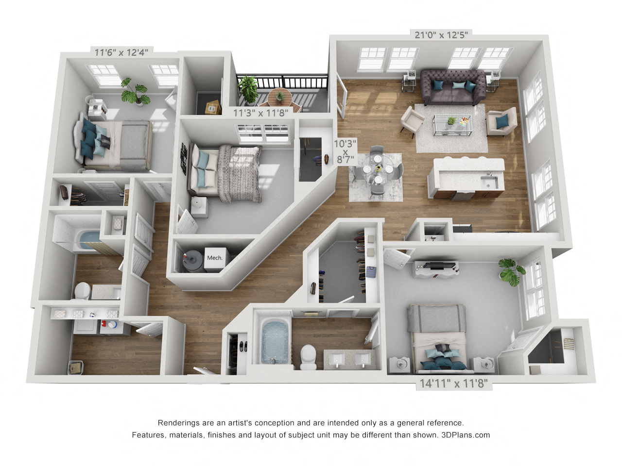 Floor plan for 3 beds, 2 baths, 1506 sqft